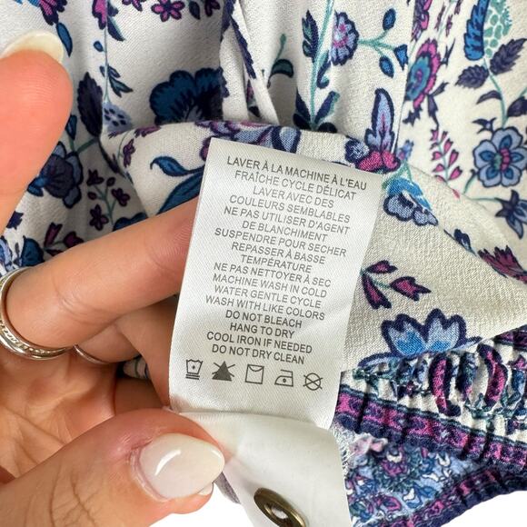 Joie Purple Blue Floral 3/4 Balloon Sleeve Tassel Elastic Cropped Boho Blouse - Picture 13 of 13